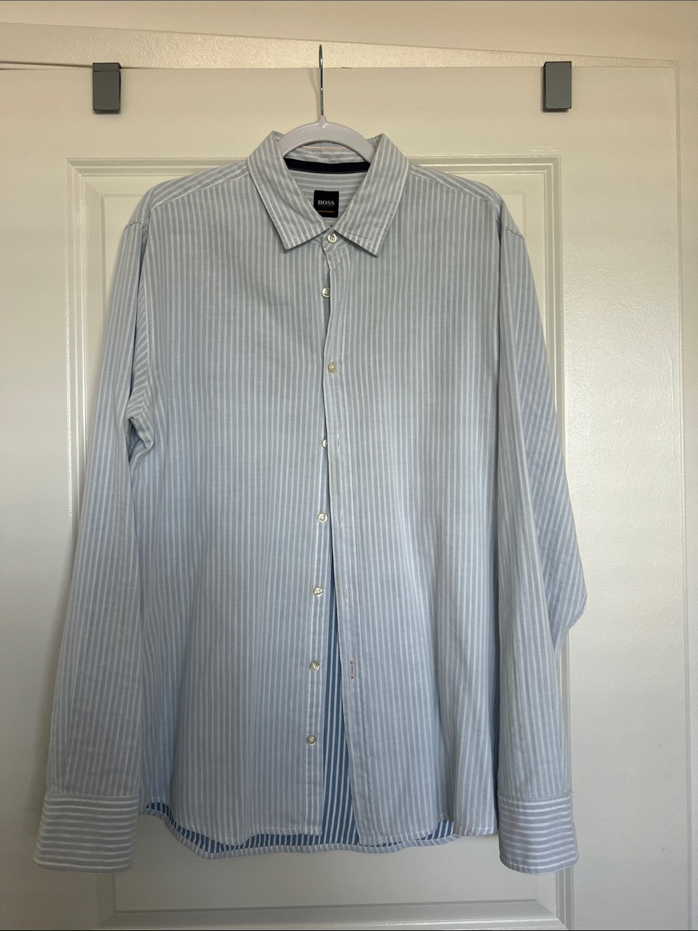 BOSS Light Blue and White Striped Dress Shirt